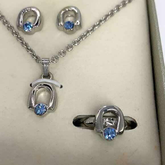 Equestrian Themed Necklace, Earring & Ring Set Silver Tone With Blue Gemstones - Picture 2 of 6